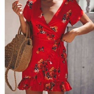 Red Summer Wrap Ruffle Dress